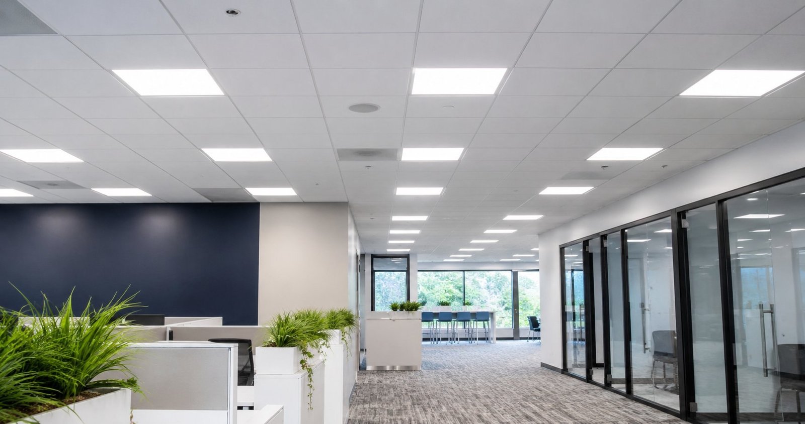Commercial office ceiling with bright LED panel lighting