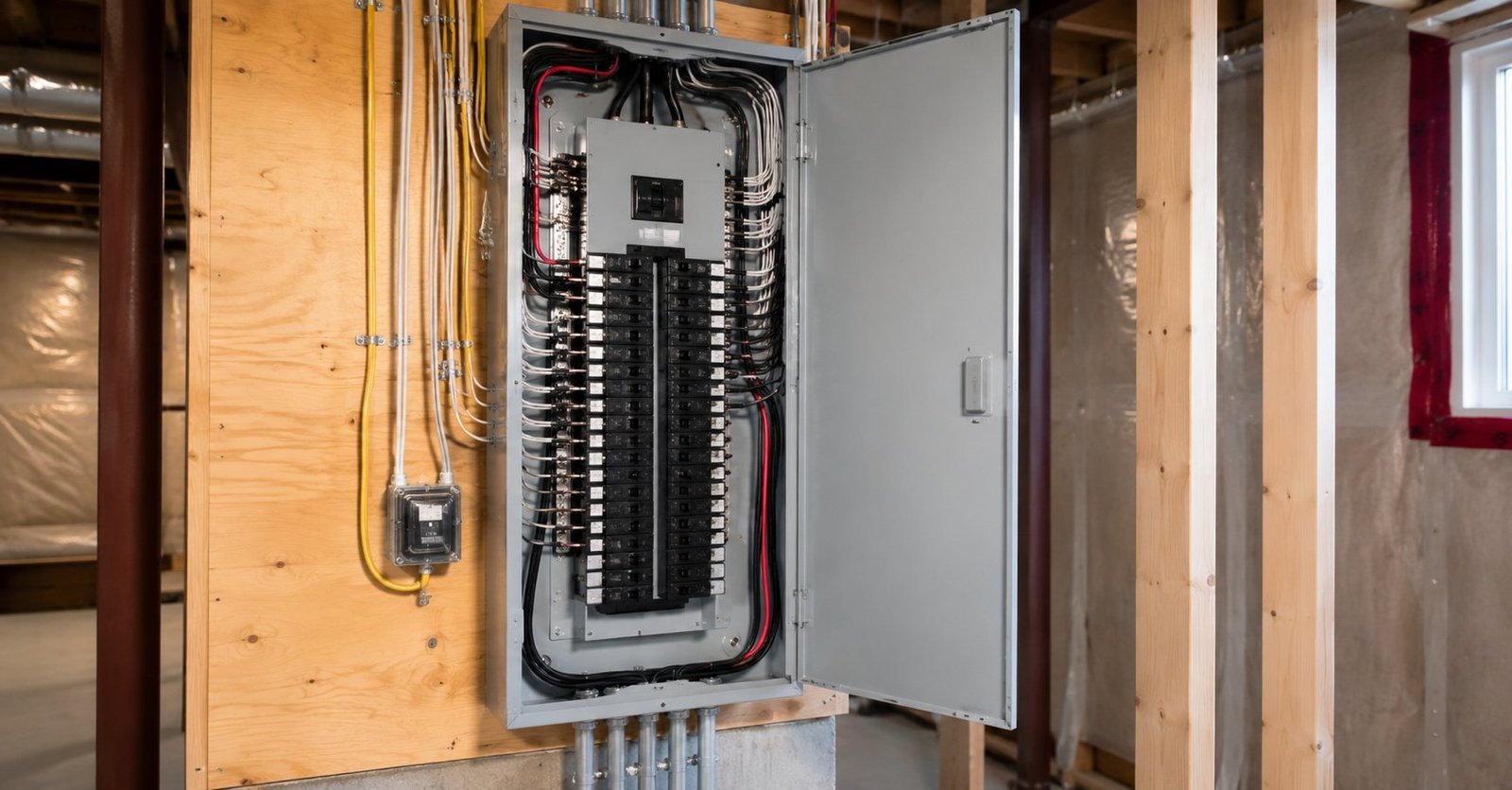 Open 200-amp electrical panel with neatly organized breakers