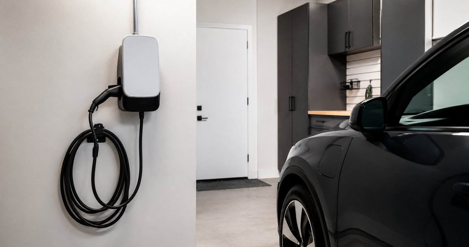 Level 2 EV charger mounted in a garage next to an electric vehicle