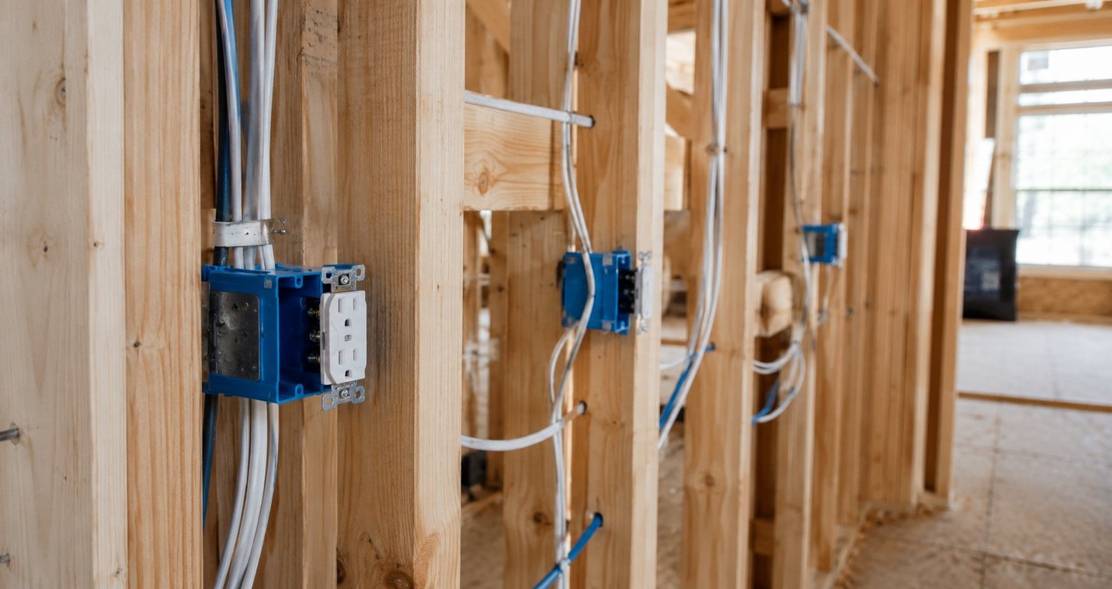 Electrical outlet boxes and wiring roughed into wood wall framing